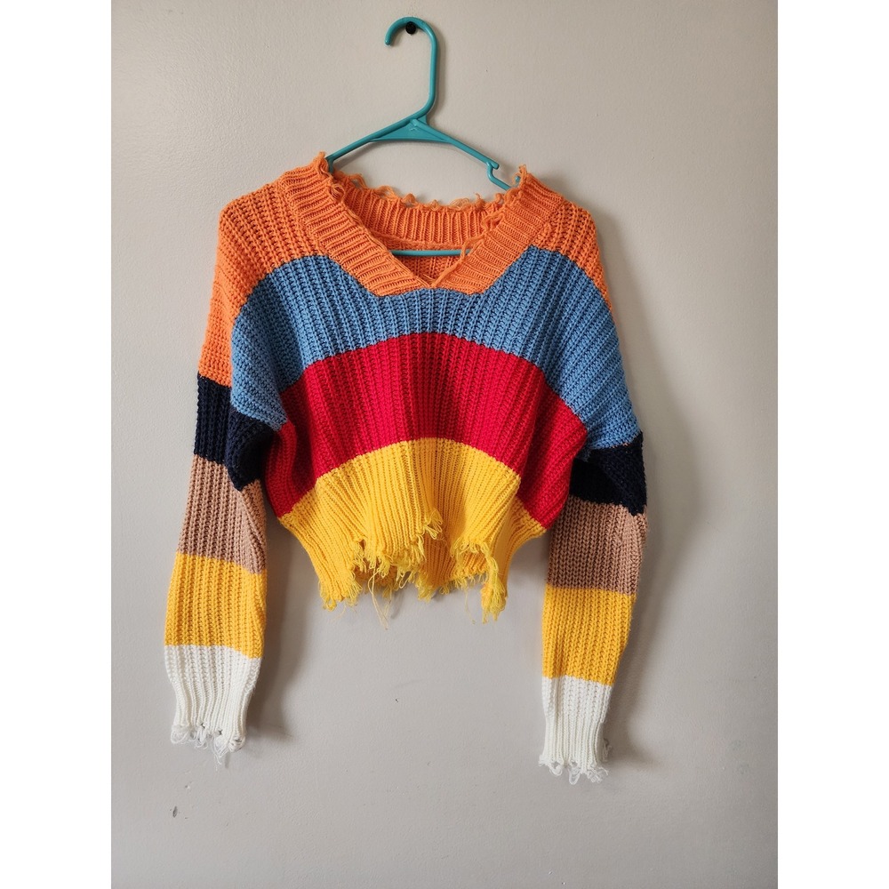 Multi Colorblock Distressed Cropped Knit Sweater Large (see measurements)